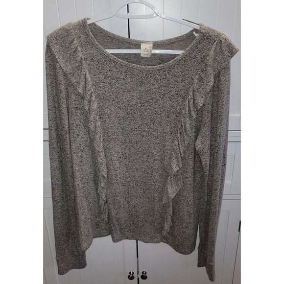 Paper Crane Tops - Paper Crane Womens Gray Marled Knit Ruffle Long Sleeve Scoop Neck Top Large